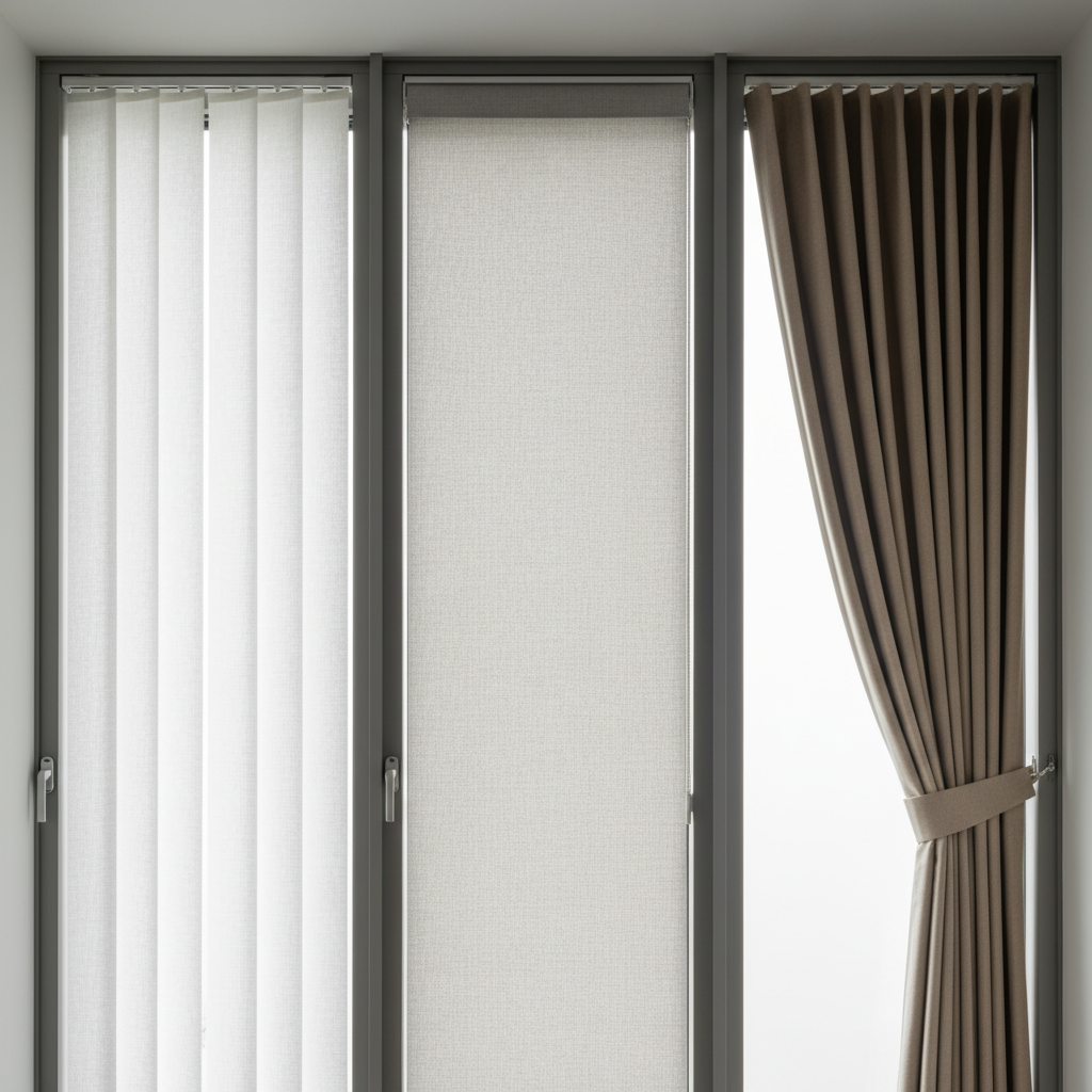 A close-up view of a modern building interior façade where different shading solutions are installed side by side: vertical blinds, roller shades, and pleated curtains, all in sophisticated neutral tones from pure white to warm taupe. Each system is partially open to reveal their distinct textures and mechanisms, mounted on impeccably finished window frames in matte aluminum. Soft overcast daylight from outside creates a gentle gradient of brightness across the fabrics and subtle reflections on the hardware. Captured straight-on with sharp focus and a perfectly leveled horizon, the composition is symmetrical and balanced, evoking a calm, analytical mood. The photographic, clean, and modern aesthetic underlines the comparative analysis of technical solutions for thermal, acoustic, and aesthetic performance.