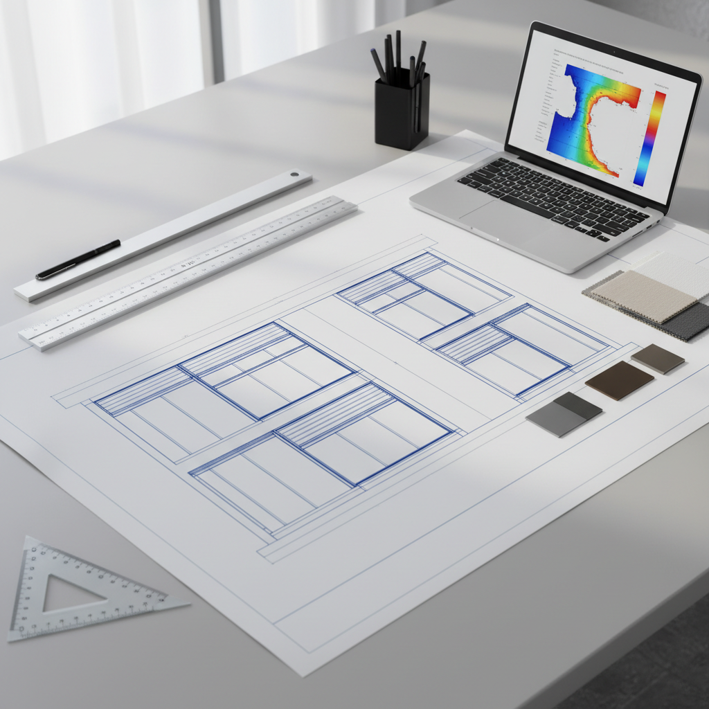 A meticulously detailed architectural blueprint of a modern office building façade featuring integrated external blinds and shading systems, spread across a large, pale grey drafting table. Precision tools such as metal rulers, a sleek laptop displaying a thermal performance diagram, and neatly stacked material samples in neutral fabrics surround the plans. Soft, diffused daylight from an unseen window gently illuminates the workspace, creating subtle reflections on metallic edges and clean shadows along the paper folds. Captured from a slightly elevated, eye-level angle with sharp focus throughout, the composition is organized and uncluttered. The overall mood is professional, analytical, and calm, with a photographic realism and corporate, minimalist aesthetic emphasizing technical expertise and rigorous planning.