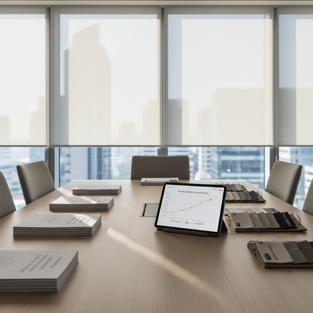 A sophisticated meeting room table in light oak, perfectly organized with printed technical reports on curtain and blind systems, neatly arranged fabric swatch books in muted greys and beiges, and a slim tablet displaying an acoustic performance graph. In the background, large floor-to-ceiling windows are fitted with semi-open, high-end roller shades in a neutral tone, overlooking an abstract, softly blurred cityscape. Cool, even natural daylight diffuses through the shades, casting fine, linear shadows across the tabletop. Photographed at eye level with a rule-of-thirds composition, the image has a clean corporate atmosphere, structured layout, and balanced composition. The mood is precise and reassuring, highlighting independent expert advice and careful comparison of technical options through refined photographic realism.
