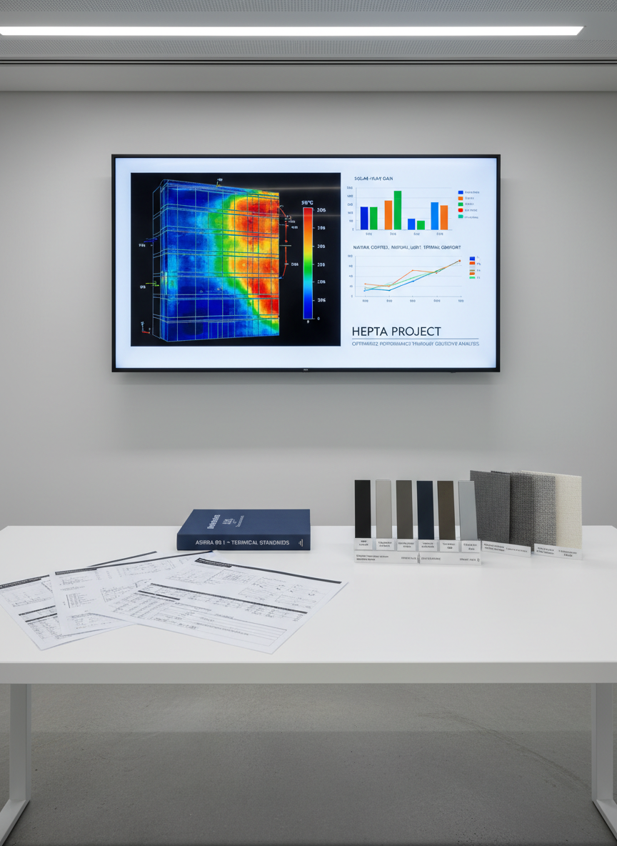 A refined technical workspace featuring a large, wall-mounted screen displaying a detailed thermal simulation of solar gains on a glass façade with external blinds, alongside color-coded performance graphs. Below, a minimalist white desk holds printed calculation sheets, a closed technical standards manual, and a set of labeled samples of blind slats and acoustic curtain fabrics in neutral greys. Cool, controlled artificial lighting provides uniform illumination with minimal shadows, enhancing legibility of every element. Shot from a slightly elevated angle with a structured, centered composition and sharp focus, the atmosphere feels rigorous, methodical, and corporate. The photographic realism and clean lines highlight Hepta Project’s role in optimizing performance through objective analysis and expert technical modeling.